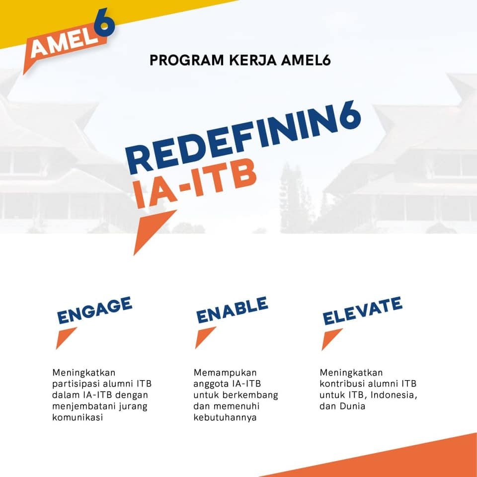 Hai Sahabat, salam sehat untuk kita semua.
Amel6 memiliki program kerja dengan 3 langkah dalam pengembangan aplikasi Redefin6 IA-ITB, yaitu Engage, Enable, dan Elevate. 

Jadi, sudah siap untuk sesuatu yang baru?
- 
#redefin6IAITB #HarmoniAlumni #pemiluiaitb2021
#iaitb #itb1920