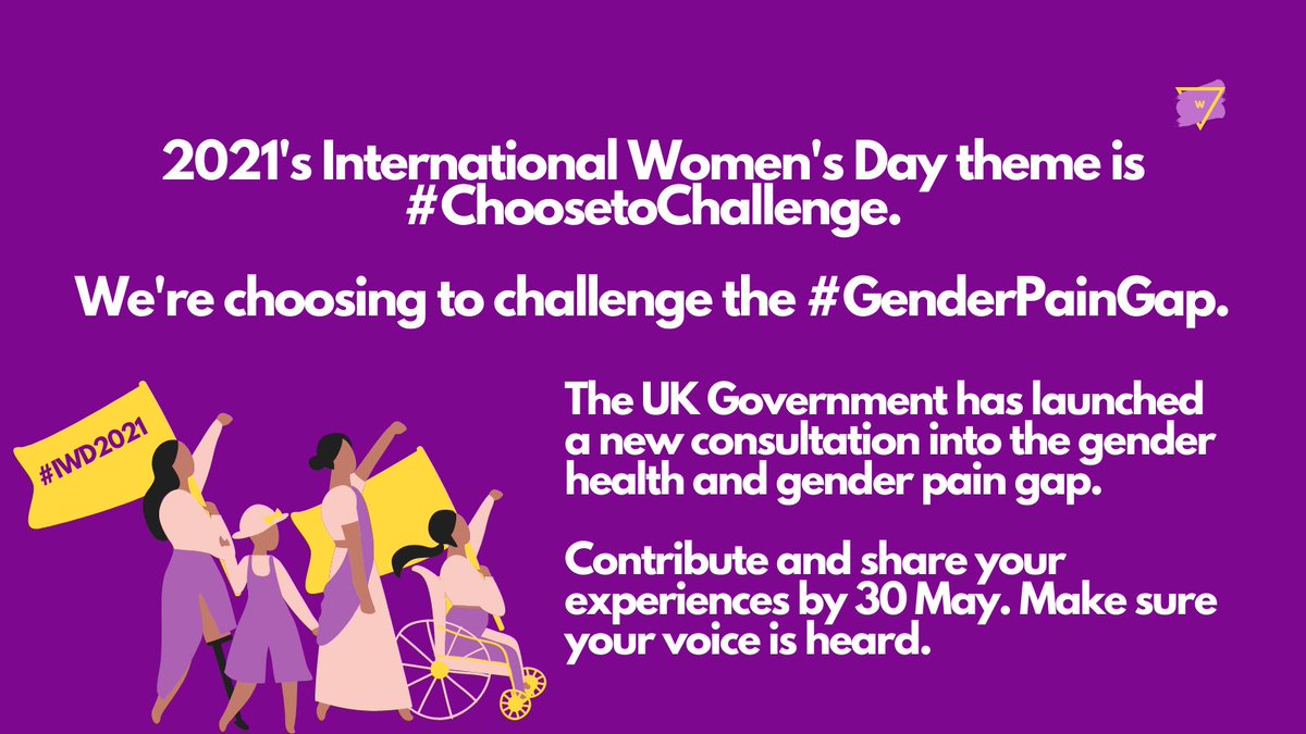 Today is #InternationalWomensDay & this year’s theme is #ChooseToChallenge - we're choosing to challenge the #GenderPainGap. 

UK Government has launched a new consultation into the #GenderHealthGap & #GenderPainGap - make sure your voice is heard consultations.dhsc.gov.uk/talkwomensheal…