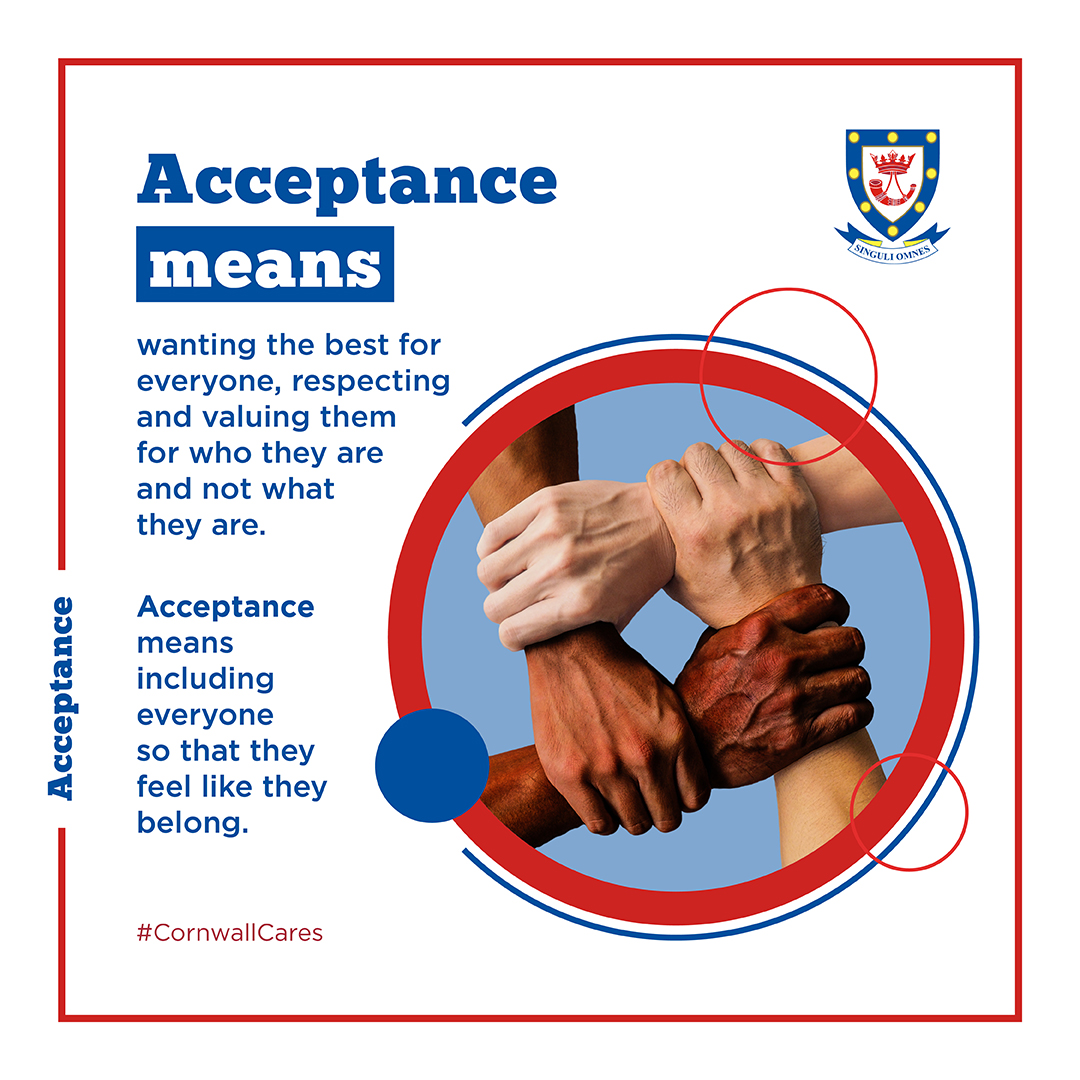 CornwallHill's tweet photo. Central to Cornwall Hill College's identity are our values. We aspire to be a community that put values in action, by living them every day. Our value focus for March is Acceptance. Live this value daily in practical ways. #CornwallCares #ValuesInAction #Acceptance https://t.co/l18s6iimn4