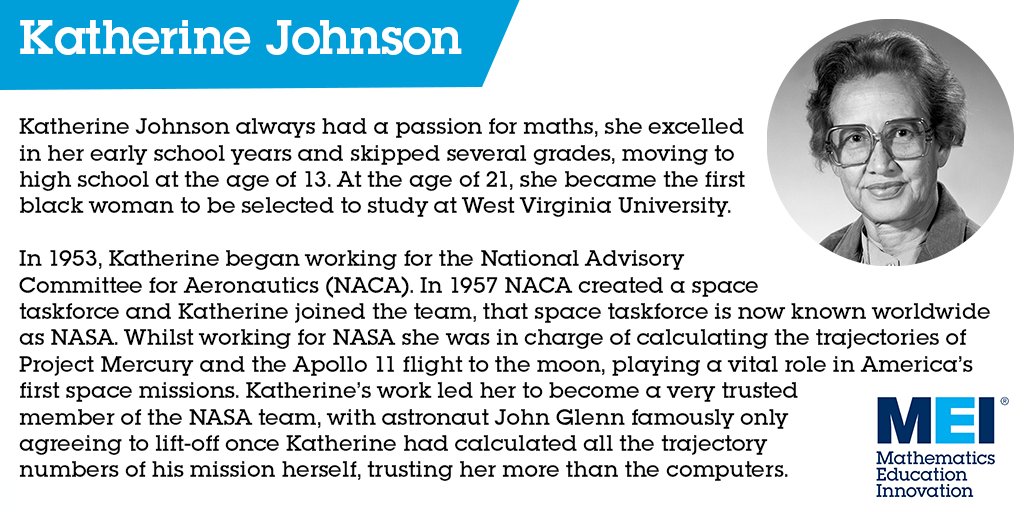 Happy #InternationalWomensDay 

To celebrate, we are going to be highlighting the work of some incredible female mathematicians throughout history.

Firstly, the inspiring Katherine Johnson.