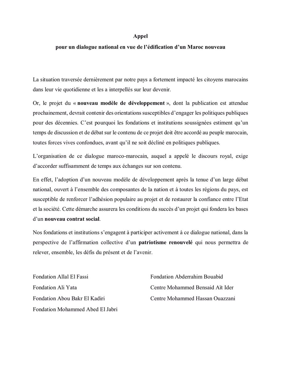 fondabelkadiri's tweet photo. Appel pour un dialogue national en vue de l’édification d’un #Maroc nouveau
#Appel_des_7
Fondation Allal El Fassi
Fondation Ali Yata
Fondation Abou Bakr El Kadiri
Fondation Mohammed Abed El Jabri 
Fondation Abderrahim Bouabid
Centre Med Bensaid Ait Ider
Centre Med Hassan Ouazzani https://t.co/eRjfl7Grws