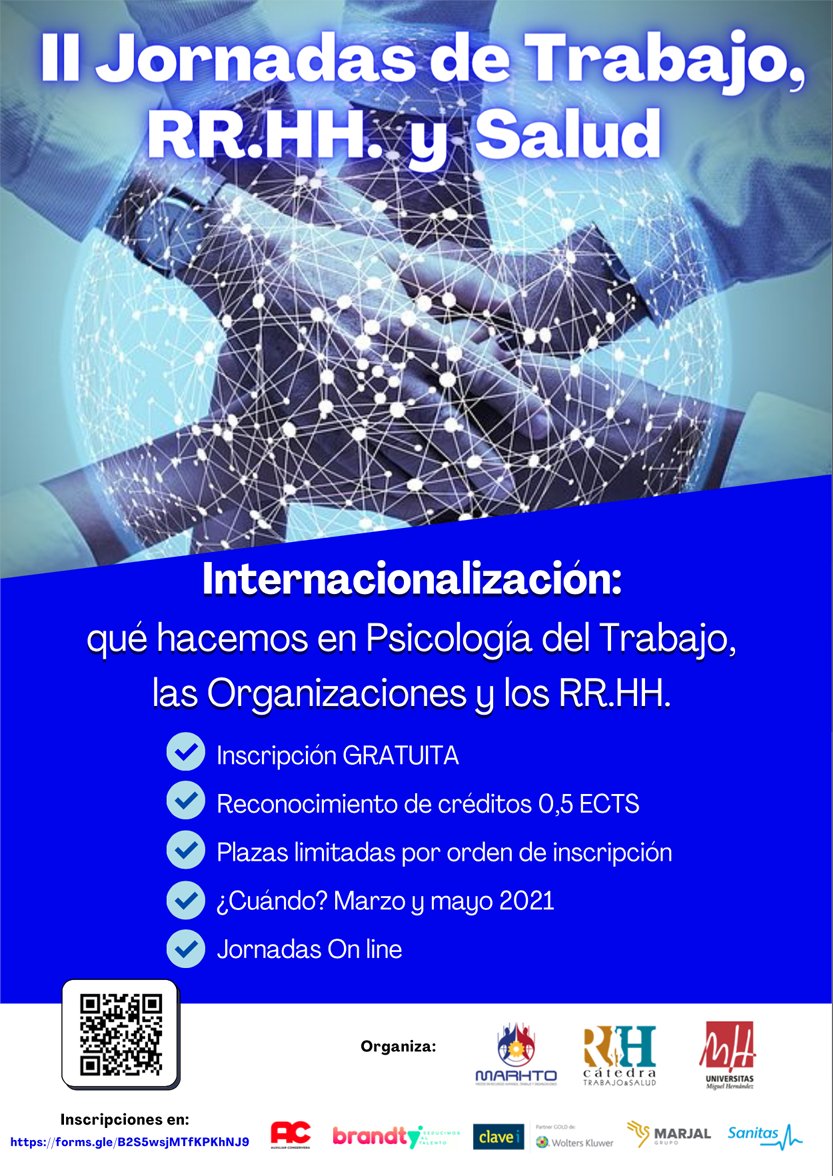 Desde Clavei y <a href="/WoltersKluwerEs/">Wolters Kluwer España</a> colaboramos en las II jornadas de trabajo, RR.HH y Salud. <a href="/UniversidadMH/">UMH</a>
📅 9 y 11 de marzo, 4, 11 y 18 de mayo de 2021
🕡 De 18 a 20 horas 
🏢 Online (GoogleMeet)
¿Aún no te has apuntado?
hubs.ly/H0HS9z40
