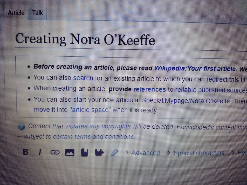 Creating Nora O'Keeffe - heading on Wikipedia article creation page