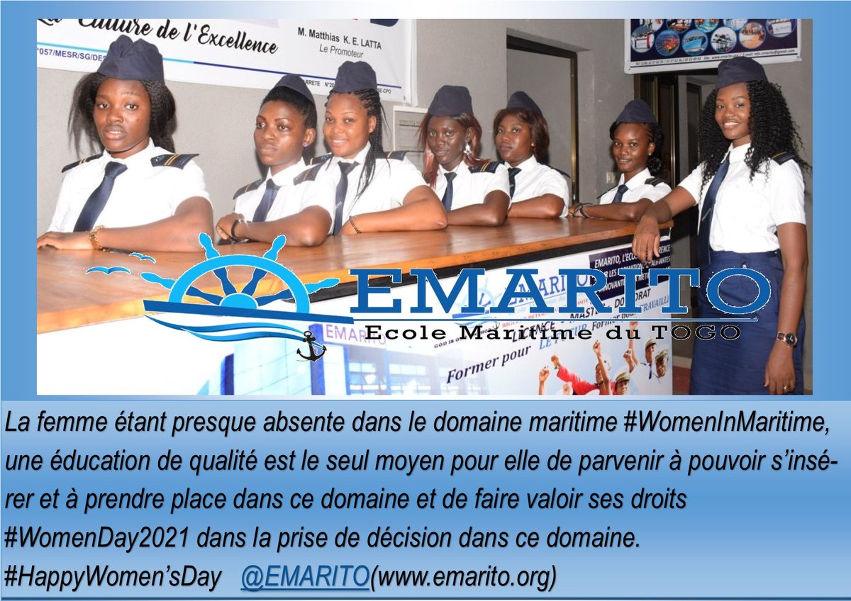 ECOLE_EMARITO's tweet photo. #JIF2021 
 #internationalwomensday2021 
 #InternationalWomensDay 
 #WomensDay 
 #womeninmaritime @kokouedemTENGUE 
 #WomeninBusiness
 #womeningovernance 
 #womeninlogistics @GouvTg @PrimatureTogo 
We all celebrate women strenght.
@DogbeVictoire @DossouMyriam @SandraA_JOHNSON https://t.co/cIRBMOPj5C