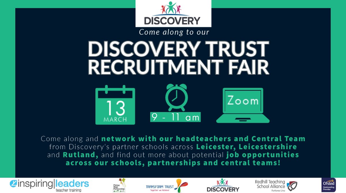 Don't miss out on the Discovery Trust Recruitment Fair This Saturday!

Book your place here: bit.ly/3dUD3vX

Come along and speak with representatives from our schools and central team to find out about potential job opportunities!

<a href="/Discoverytrust/">Discovery Trust</a>