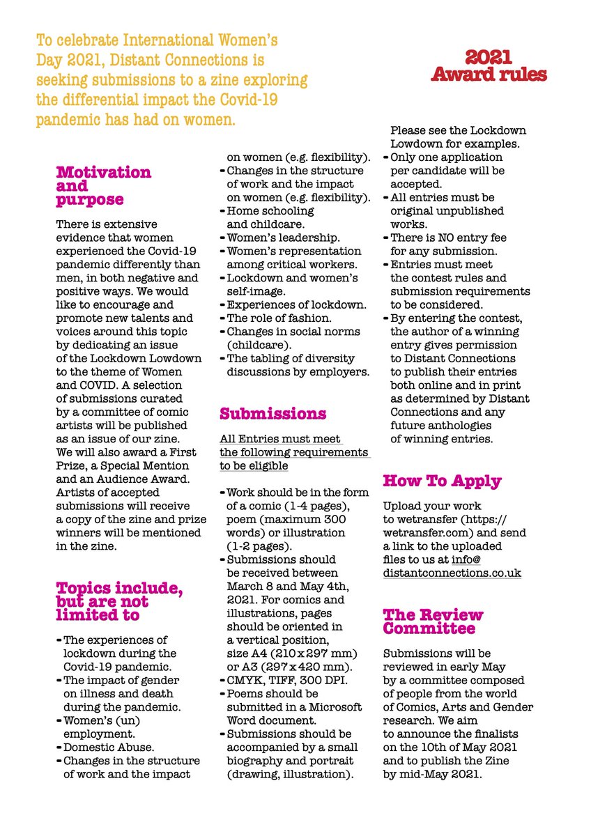🎉❤️ Happy international Women’s Day ❤️🎉 To celebrate International Women’s Day 2021, we are seeking submissions to a zine exploring the differential impact the Covid-19 pandemic has had on women.

#InternationalWomensDay #zine #comics