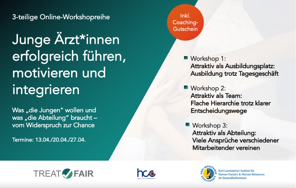Treatfair1's tweet photo. Junge Kolleg*innen zu begeistern und zu halten, wird für Führungskräfte im Krankenhaus immer wichtiger! Doch die neuen Generationen „ticken anders“. Sie haben andere Vorstellungen von #Ausbildung, #Arbeitszeiten und #Hierarchie. 

Anmeldung zum Workshop:
https://t.co/5l328Zshzg https://t.co/qOBcd2ny7f