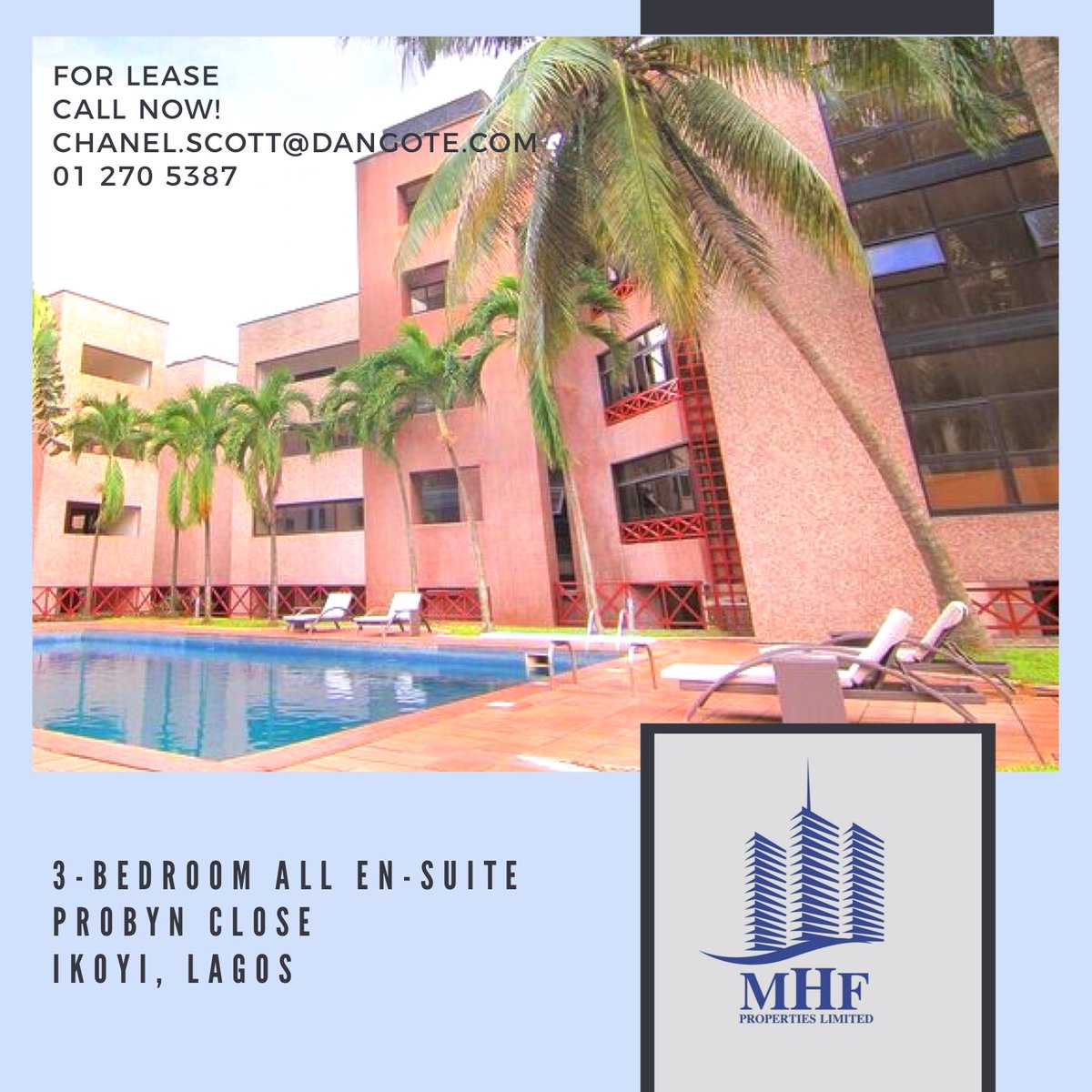 3 bedroom - all en-suite
Ample parking
Fitted kitchen
All rooms fitted with ACs
Swimming pool
Gym
And more!

For more information:
📞 01 270 5837
📧 chanel.scott@dangote.com

#mhfpropertieslimited #apartments #lagos #realestate #lease #rental #purchase #lagosrealtor #expatliving
