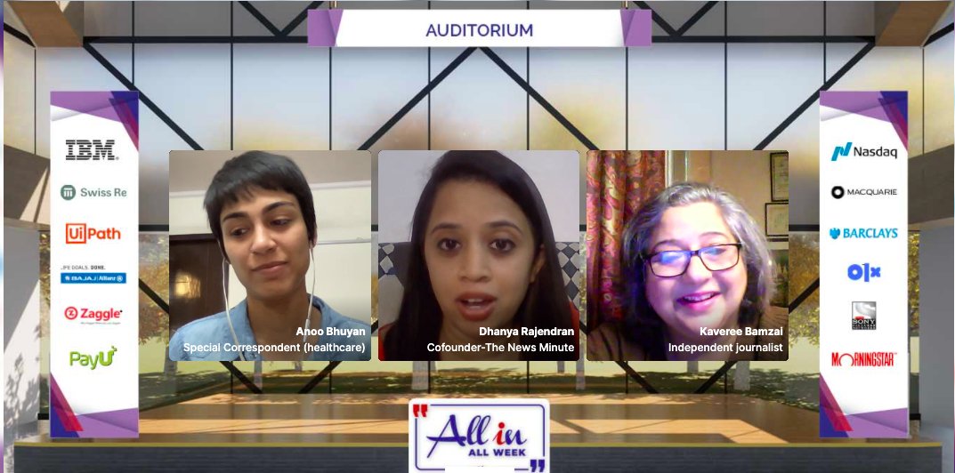 WeareZuddl's tweet photo. Star power on stage! Currently live at @WiTAceOfficial
's #AllInAllWeek hosted on Zuddl: a fantastically no-holds-barred discussion on 'Is Gender equality a distant dream in Journalism?' with @AnooBhu, @dhanyarajendran and @kavereeb. https://t.co/RNPlFem1lh