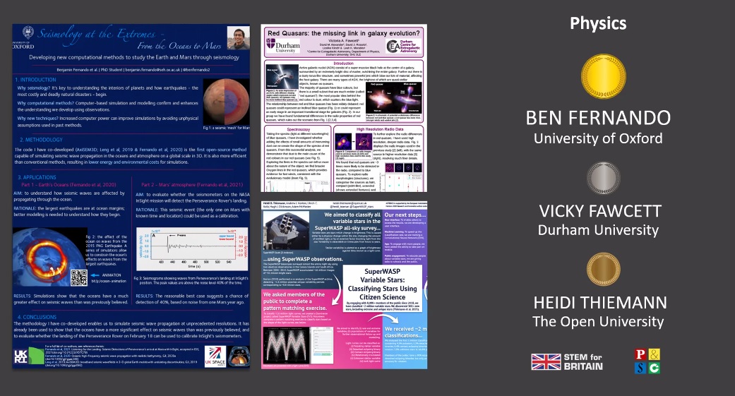 PhysicsNews's tweet photo. Congratulations to this year's winners of the physics awards for STEM for Britain: Bronze award - Heidi Thiemann @OpenUniversity; Silver medal - Vicky Fawcett @durham_uni; Gold medal - Ben Fernando @UniofOxford
#STEM4Brit21 #scienceinparliament https://t.co/DTvZozrhpB