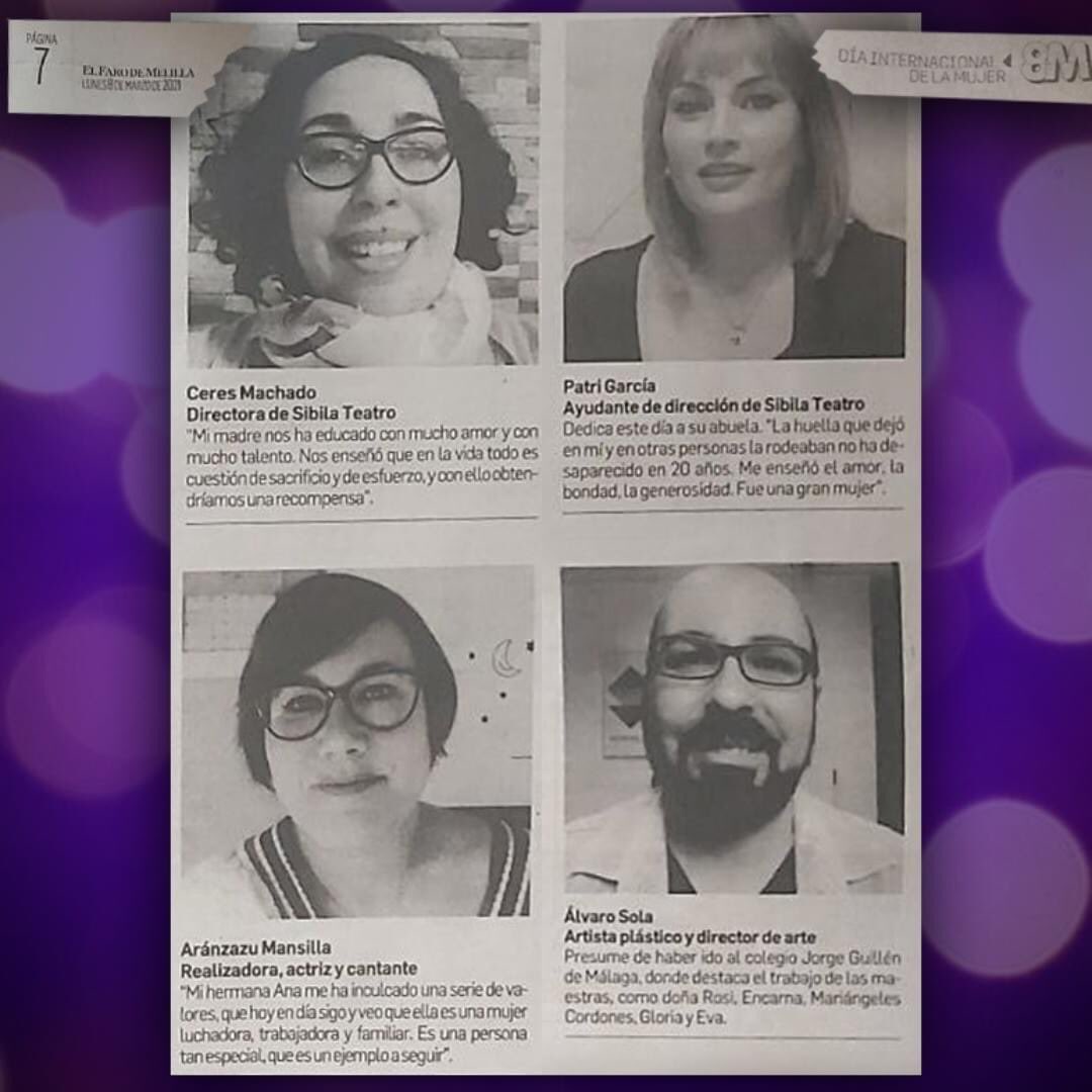 Alvaro Sola (@alvarosolacom) on Twitter photo Feliz de compartir página en <a href="/ElFarodeMelilla/">El Faro de Melilla</a> con mis compañeras maravillosas en este día que significa tanto para <a href="/SibilaTeatro/">Sibila Teatro</a>.
Hablamos de mujeres que han marcado nuestras vidas.
Caminemos hacia la igualdad real.
#8M2021 Feliz de compartir página en <a href="/ElFarodeMelilla/">El Faro de Melilla</a> con mis compañeras maravillosas en este día que significa tanto para <a href="/SibilaTeatro/">Sibila Teatro</a>.
Hablamos de mujeres que han marcado nuestras vidas.
Caminemos hacia la igualdad real.
#8M2021
