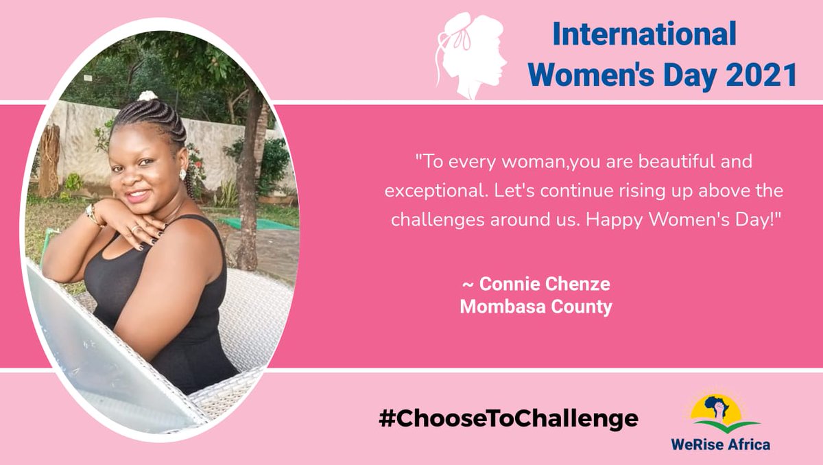 WeRise Africa (@weriseafrica) on Twitter photo "To every woman,you are beautiful and exceptional. Let's continue rising up above the challenges around us. Happy Women's Day." Connie Chenze,Mombasa County.
#internationalwomensday2021 #InternationalWomensDay #ChooseToChallenge <a href="/ahaloharriet/">Harriet Ahalo</a> <a href="/stevecaloo/">Stephen Caloo</a> <a href="/Shanifakii49/">Shani Fakii🇰🇪</a> "To every woman,you are beautiful and exceptional. Let's continue rising up above the challenges around us. Happy Women's Day." Connie Chenze,Mombasa County.
#internationalwomensday2021 #InternationalWomensDay #ChooseToChallenge <a href="/ahaloharriet/">Harriet Ahalo</a> <a href="/stevecaloo/">Stephen Caloo</a> <a href="/Shanifakii49/">Shani Fakii🇰🇪</a>