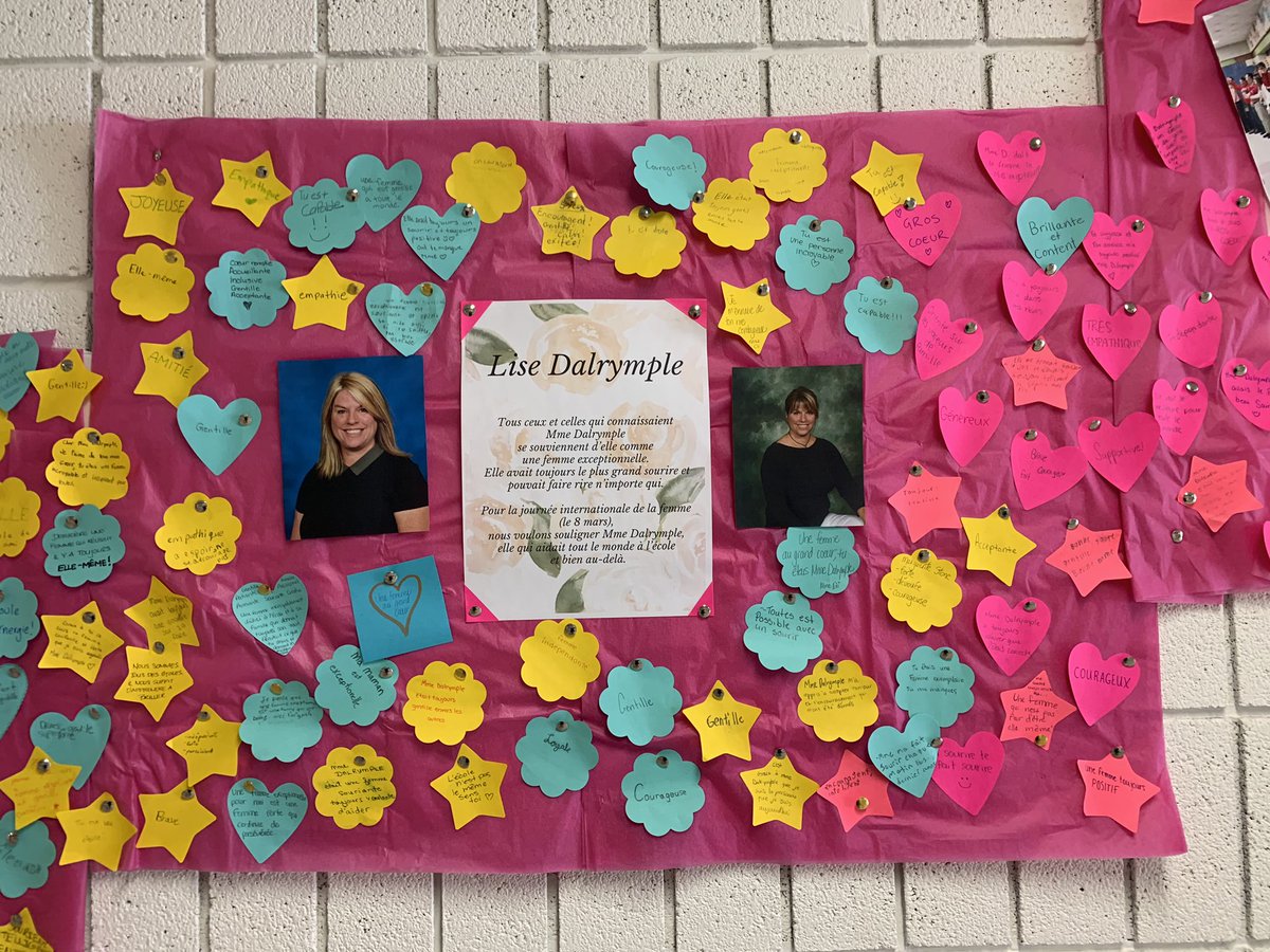 En guise de la Journée internationale des Femmes, nous voulons mettre l’accent sur notre chère enseignante Lise.  Elle était remplie de joie de vivre, de compassion et de dévouement envers ses élèves.  On s’ennuie de toi.