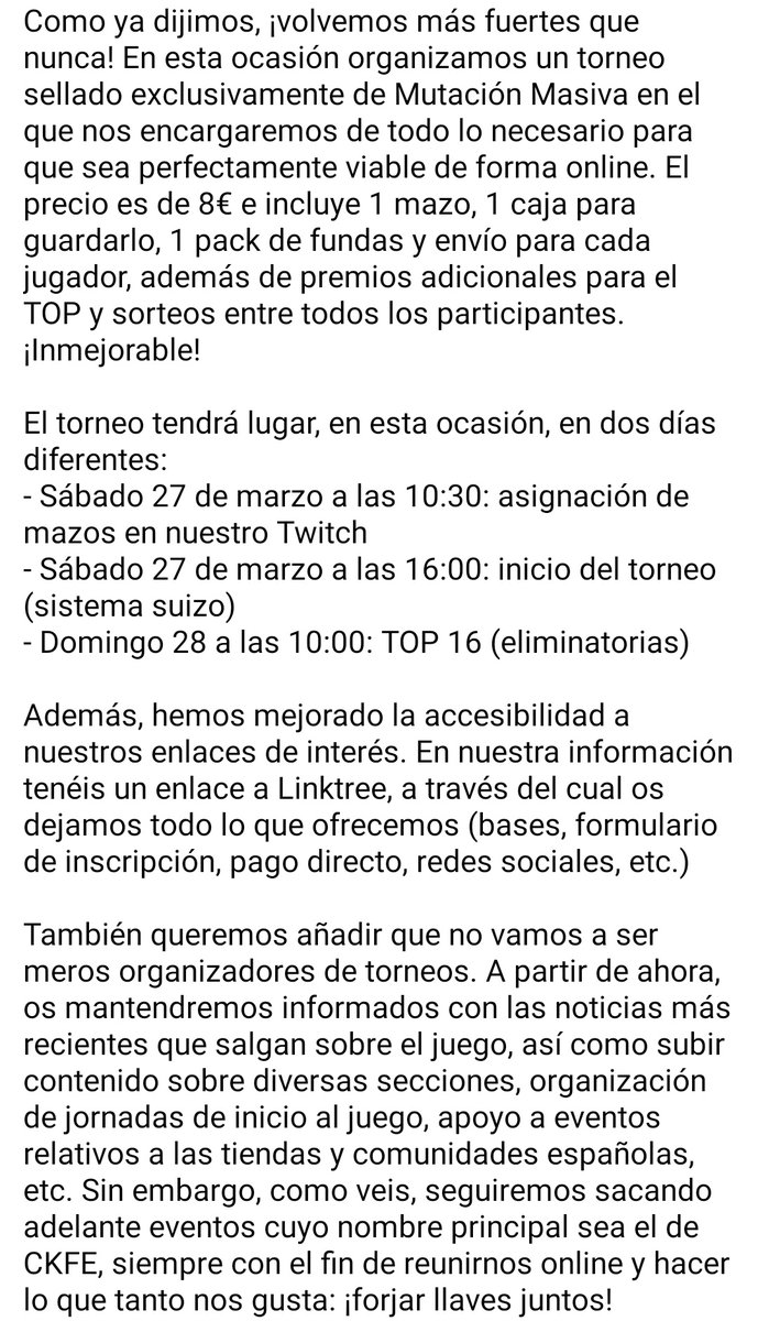 ComunidadKFE's tweet photo. ANUNCIAMOS EL II TORNEO ONLINE DE CKFE

Además del resumen del evento, detalles sobre nuestras muchas novedades en la segunda imagen adjunta. ¡Echadle un ojo!

@FFGames @ffgamescenter @ffgop_es @Asmodee_Spain @AsmodeeDigital #KeyForge #KeyForgeGame #CKFE https://t.co/nGZMSLQGYD