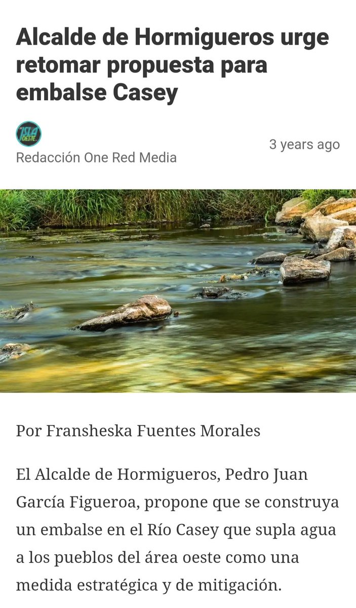 La avería de esta semana nos recuerda la importancia de invertir en la infraestructura crítica de AAA en el área Oeste. El embalse de Casey debe construirse. <a href="/ACUEDUCTOSPR/">Comunicaciones AAA</a> <a href="/prpresidentaAAA/">Doriel I. Pagán Crespo</a> <a href="/AdaSenadora/">Ada Garcia Montes Senadora</a> <a href="/MigdaliaGonzlz/">Migdalia González</a>