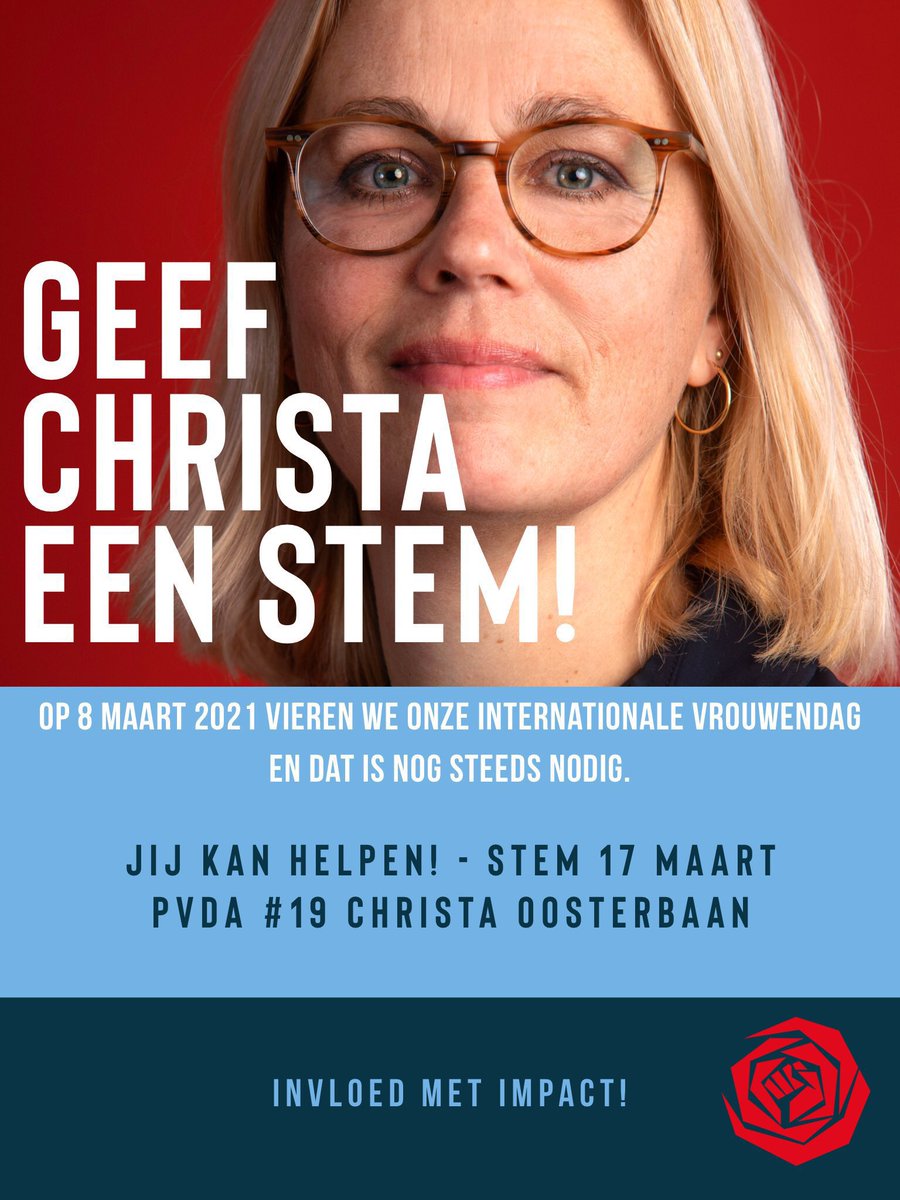 Vandaag is het #InternationalWomensDay Stem 17 maart voor meer vrouwen in de #tweedekamer , stem op #ChristaOosterbaan ! Lijst 7, nummer 19 💪💪💪🌹🌹🌹 #stemopeenvrouw #pvda <a href="/ChristaOosterb/">ChristaOosterbaan</a> <a href="/PvdA/">Partij van de Arbeid</a>