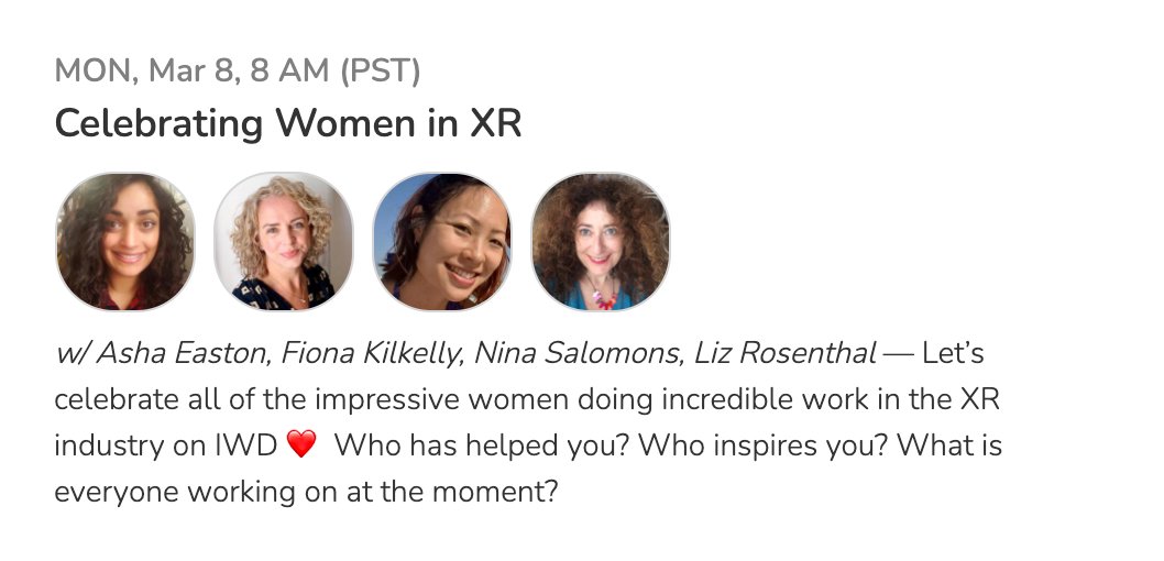 Join me today at 4pm GMT on @joinClubhouse with @LizRosenthal @nina_salomons & @FKilkelly to celebrate women doing badass things in the #XR sector! We want to hear what you're up to & who inspires you 😊 #IWD2021 #XR #VR #AR #womeninXR #womenintech @ImmerseUK_ @KTN_Creative