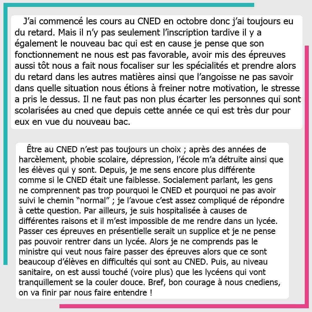 cnedbac21's tweet photo. Premiers témoignages suite au questionnaire.
.
🌐Le lien reste en bio.
📊Je ferai un premier compte-rendu dans 1 mois (vers le 9 avril).
.
STOP AUX INEGALITES !!
.
@jmblanquer @education_gouv @JeanCASTEX @emmanuelmacron
.
#CNED #e3c #cnedinegalites #Bac2021 #egalitepourtous https://t.co/0PRZn8dk7n