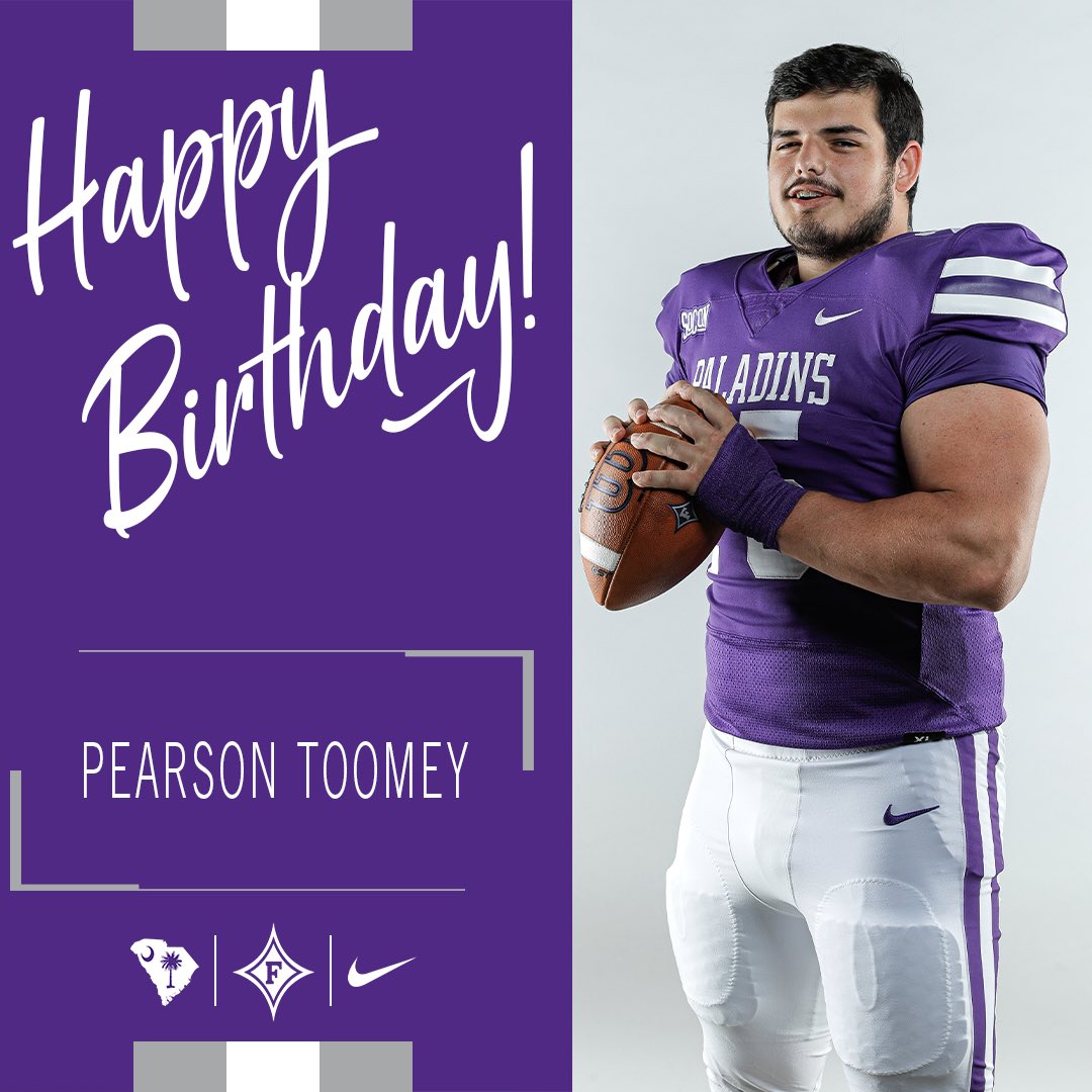 Furman Football (@paladinfootball) on Twitter photo Happy Birthday to offensive lineman <a href="/pearson_toomey/">Pearson Toomey #75</a> 🎉🎉
#FUALLTheTime I #EliteIsTheStandard Happy Birthday to offensive lineman <a href="/pearson_toomey/">Pearson Toomey #75</a> 🎉🎉
#FUALLTheTime I #EliteIsTheStandard