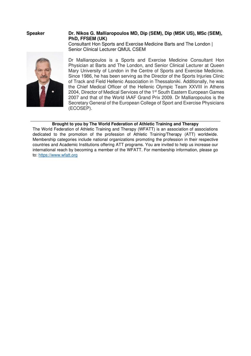 SDaoukas's tweet image. Join us as we are pleased to welcome @MouradGhrairi, Chief Medical Officer at @Fmcedubai and @EcosepInfo Chair, and Dr Malliaropoulos, Senior Clinical Lecturer @QMULSportExMed and ECOSEP Secretary.
Register on wfatt.org
@BASRaTorg @FIFAMedical @basem_uk @wfatt