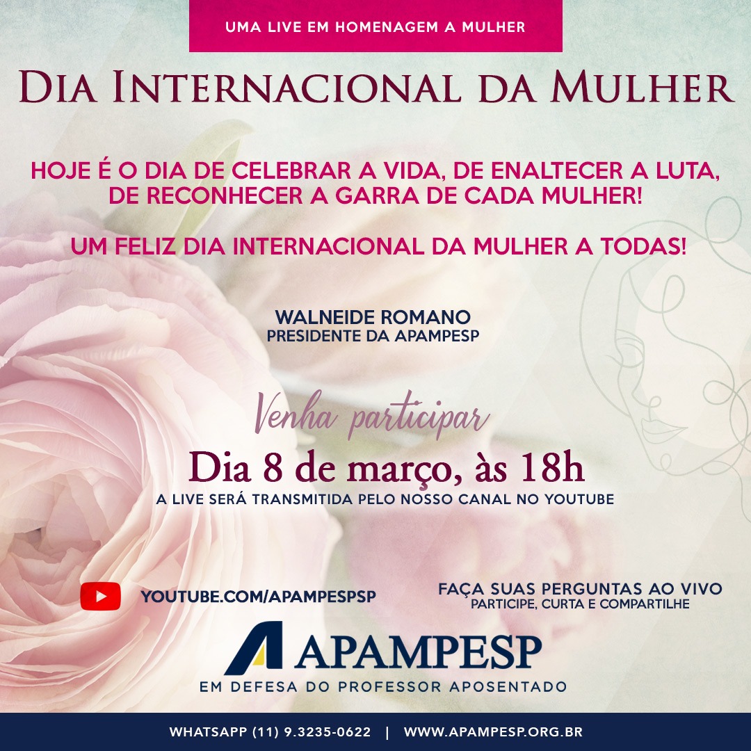 apampesp's tweet photo. Veja a mensagem da presidente da Apampesp, professora Walneide Romano, para o #DiaInternacionaldaMulher. Celebrem a data com a gente em uma cerimônia especial. Assistam ao vivo pelo nosso canal no YouTube! #Apampesp https://t.co/O7H0MI9jFU