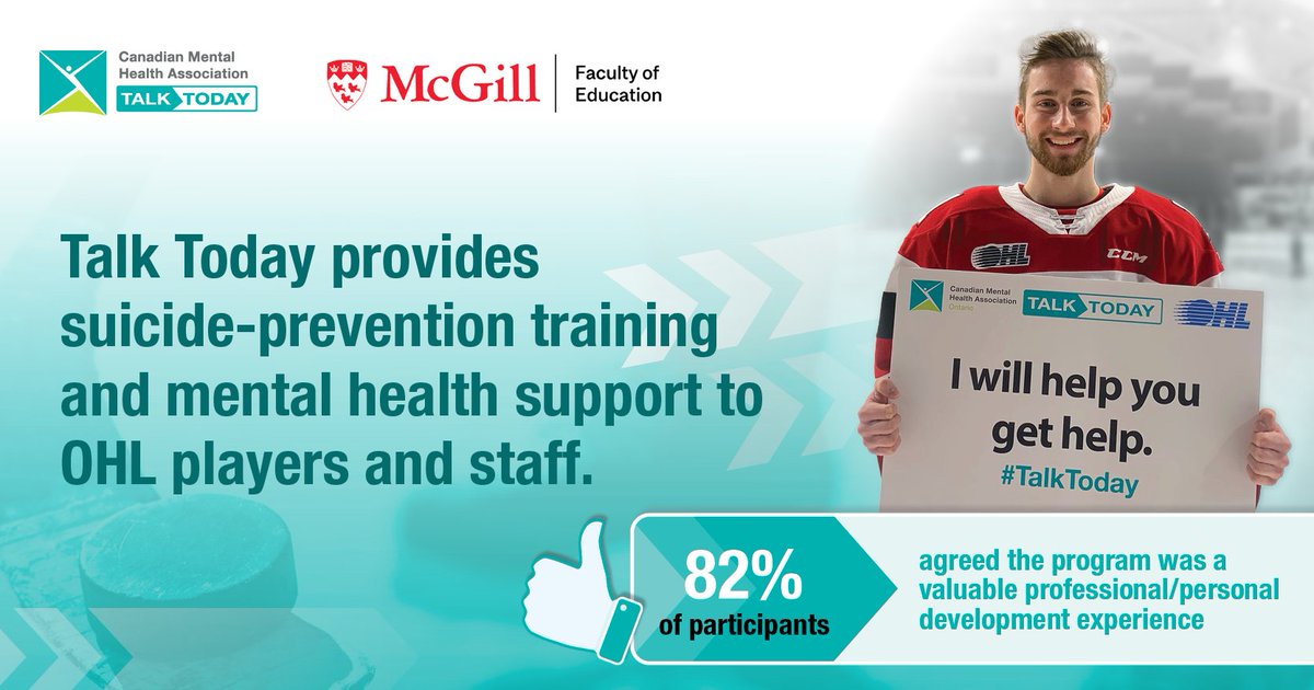 CMHAOntario's tweet photo. New research conducted by @Edumcgill is highlighting the positive impact of #TalkToday, a program that educates and supports the mental health of hockey players across @OHLHockey: https://t.co/BkVv355gTf https://t.co/e7FczjlBL8