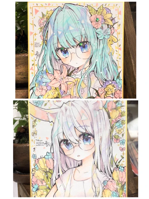 オーダー色紙で描いた原画たちです!たくさんのご依頼ありがとうございました!次はエアコミケとかで開催したいです 