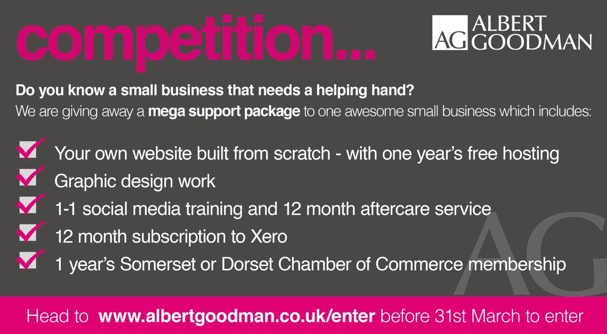 Are you a small business that needs a helping hand? 🖐🏻  

WE ARE GIVING AWAY A BUSINESS SUPPORT PACKAGE WORTH OVER 💰 £2,000 💰

albertgoodman.co.uk/enter 💭

Entries close 31 March ⏱️ *T&amp;Cs apply
