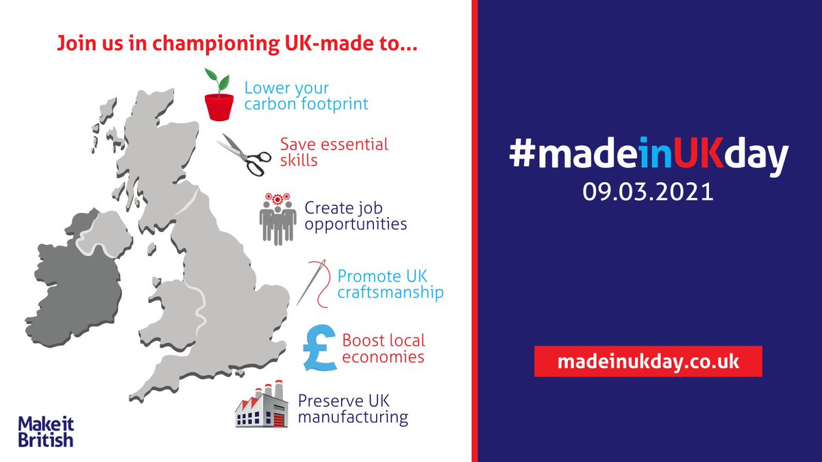 Tomorrow is #madeinukday

By pledging to buy UK-made on made in UK day you'll help to:

🌱 Lower our carbon footprint
✂️ Save essential skills
👥 Create job opportunities
 🧵 Promote UK craftsmanship
 💷 Boost local economies
 🏭 Preserve UK manufacturing
 @MakeItBritish