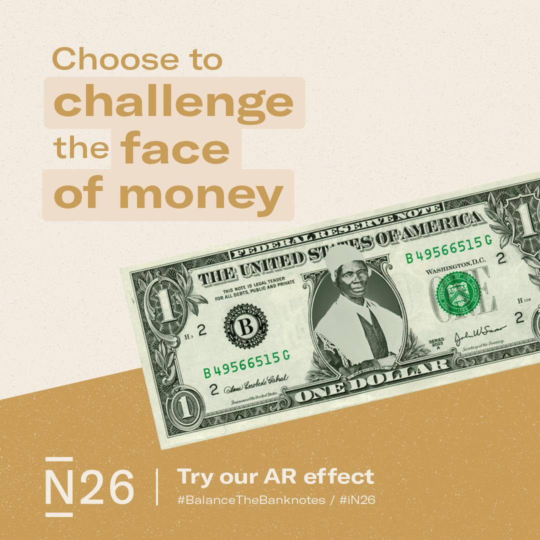n26's tweet photo. Women’s rights activist, author, and former slave Sojourner Truth should definitely be honored on her own banknote. Nominated by @N26US , you can see her on the $1 bill now by trying our AR effect on FB & IG.
https://t.co/RdH7KoKtUi
#IWD2021 #BalanceTheBanknotes #iN26 https://t.co/XzkgiAsY31