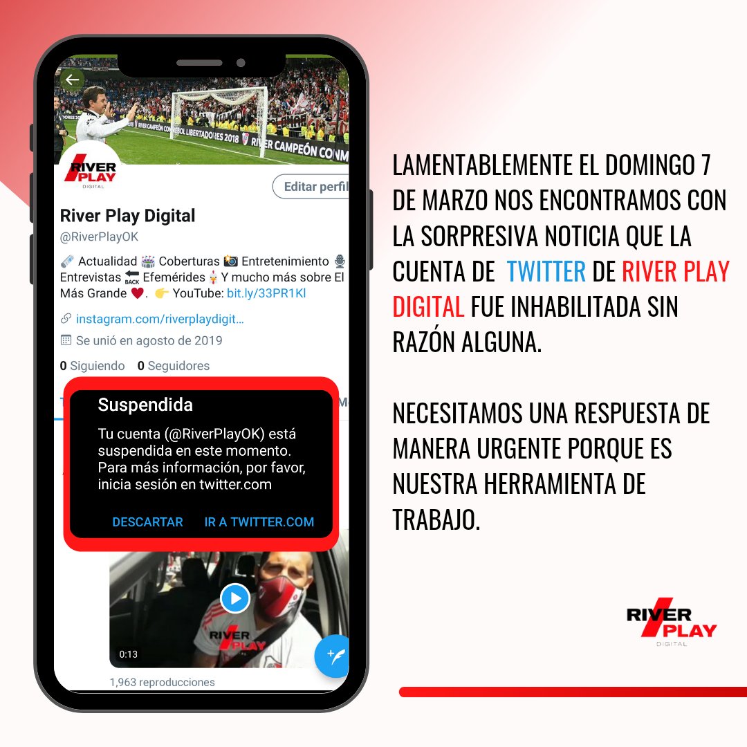 RiverPlay_OK's tweet photo. ⚠️🚨 Ante la suspensión de nuestra cuenta original, le damos la bienvenida a la cuenta secundaria de RIVER PLAY DIGITAL. Seguiremos informando con responsabilidad sobre la actualidad de #River. 

🙏 Agradecemos a quienes puedan ayudar con un RT a la difusión.

#VamosRiver ⚪🔴⚪ https://t.co/zpXrqlhBjK