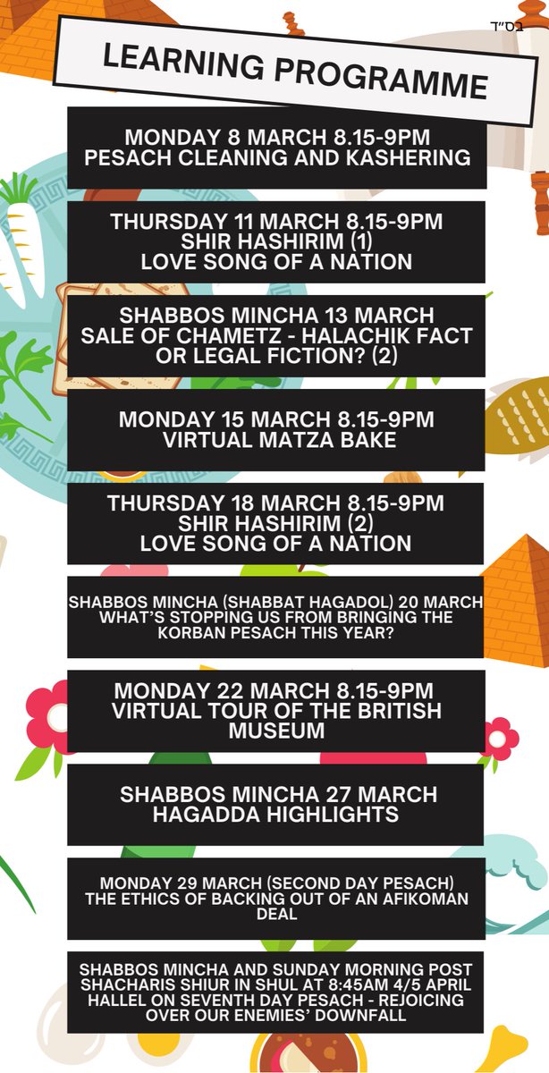 Please see details of our Pre Pesach learning programme. Dm for log in details