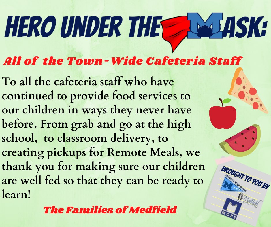 Medfield K-8 PTO (@medfieldk8pto) on Twitter photo Todayโs ๐๐๐ง๐ค๐๐จ ๐๐ฃ๐๐๐ง ๐๐๐ ๐๐๐จ๐ are our Cafeteria Staff!! While the way you provide meals looked different this year, you continued to ensure the kids were well fed and we are grateful. Thank you for everything you do! #HeroesUnderTheMask <a href="/JeffreyJMarsden/">Jeffrey Marsden</a> Todayโs ๐๐๐ง๐ค๐๐จ ๐๐ฃ๐๐๐ง ๐๐๐ ๐๐๐จ๐ are our Cafeteria Staff!! While the way you provide meals looked different this year, you continued to ensure the kids were well fed and we are grateful. Thank you for everything you do! #HeroesUnderTheMask <a href="/JeffreyJMarsden/">Jeffrey Marsden</a>