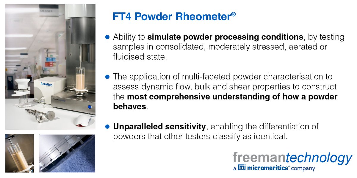 FreemanTech's tweet image. The FT4 Powder Rheometer is a truly universal powder flow tester and the world&apos;s most versatile instrument for measuring and understanding powder behaviour. For more details go to - ow.ly/MBkj50DJIo1 #powdertesting
