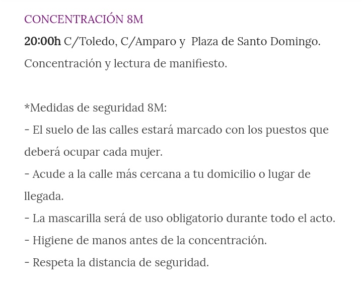 ✊🏼💜 ESTE 8M NUESTRA LUCHA SIGUE SIENDO NECESARIA💜✊🏼 
Cualquier forma de reivindicar nuestros derechos hoy es posible, desde casa o la calle. 
💜Juntas y Sororas💜 

⚠️👉 medidas de seguridad concentración 8M.