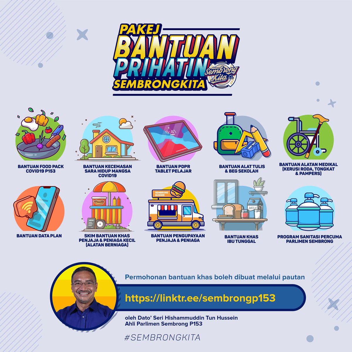 Berita baik buat warga Sembrong.  Pakej Bantuan Prihatin #SembrongKita telah dilancarkan hasil inisitif YB DS <a href="/HishammuddinH2O/">Hishammuddin Hussein 🇲🇾</a> dan telah dibuka utk permohonan.

Kepada warga Sembrong yang memerlukan bantuan, boleh segera memohon menerusi pautan linktr.ee/sembrongp153