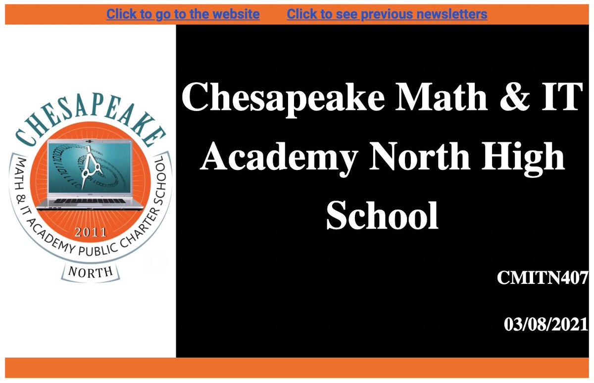 CMIT Academy (@cmitacademy) on Twitter photo CMIT-N High School weekly newsletter was just published!
Do not miss any updates!
newsletter.clfportal.org/Newsletter/Ind…
@CLFCommunity <a href="/CLF_PR/">CLFPublicRelations</a> <a href="/CLF_CLF/">Chesapeake Lighthouse Foundation (CLF)</a> <a href="/pgcps/">PGCPS</a> <a href="/PGCPSTAG/">PGCPS TAG OFFICE</a> <a href="/CMITAcademy/">CMIT Academy</a> <a href="/CSP_Charter/">Chesapeake Science Point Public Charter MS/HS</a> CMIT-N High School weekly newsletter was just published!
Do not miss any updates!
newsletter.clfportal.org/Newsletter/Ind…
@CLFCommunity <a href="/CLF_PR/">CLFPublicRelations</a> <a href="/CLF_CLF/">Chesapeake Lighthouse Foundation (CLF)</a> <a href="/pgcps/">PGCPS</a> <a href="/PGCPSTAG/">PGCPS TAG OFFICE</a> <a href="/CMITAcademy/">CMIT Academy</a> <a href="/CSP_Charter/">Chesapeake Science Point Public Charter MS/HS</a>