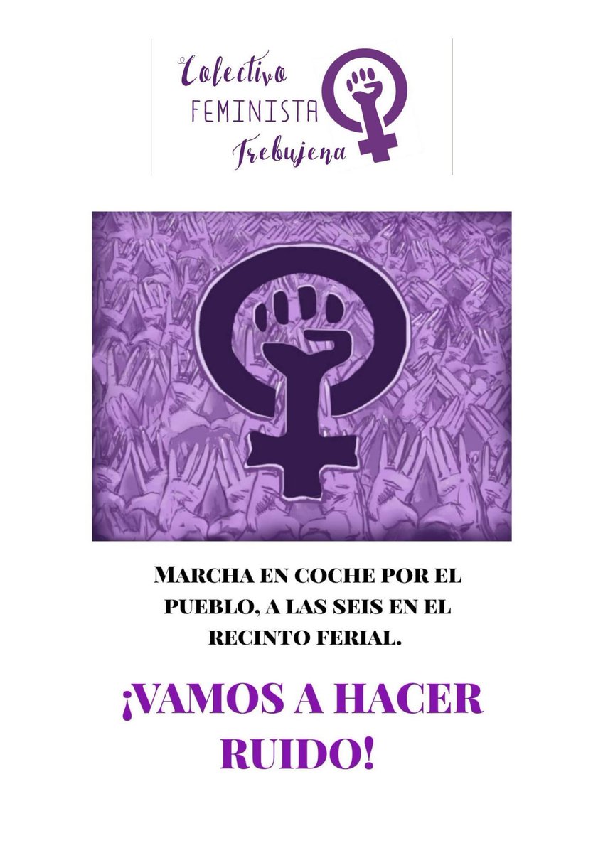 CFeministaTrebu's tweet photo. ⛔NINGUNA PANDEMIA FRENARÁ LA LUCHA DE LAS MUJERES⛔
Marcha en coche por el pueblo. ¡Vamos a hacer ruido! 
-Hora: 18:00
-Lugar de salida: recinto ferial.

💪✊💜📢 #8M2021 
#Trebujenaporlaigualdad
#somosimprescindiblesseguimosinvisibles
#feminismogaditano #feministasandalucia https://t.co/91rTC9cTmF
