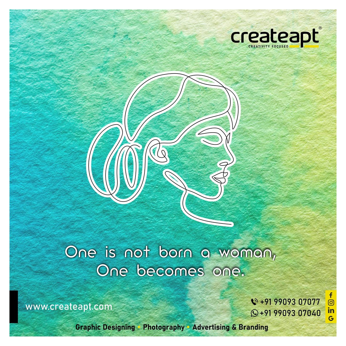 createapt's tweet photo. One is not born a woman, one becomes one. 

#happywomensday #womenempowerment #womensday
#ourservices #createaptservices #vadodara #bharuch #baroda #createapt #advertingagency #branding #photography #printingsolutions #designing #advertising #socialmediaartwork #socialmediadesign https://t.co/XABLwFbXnA