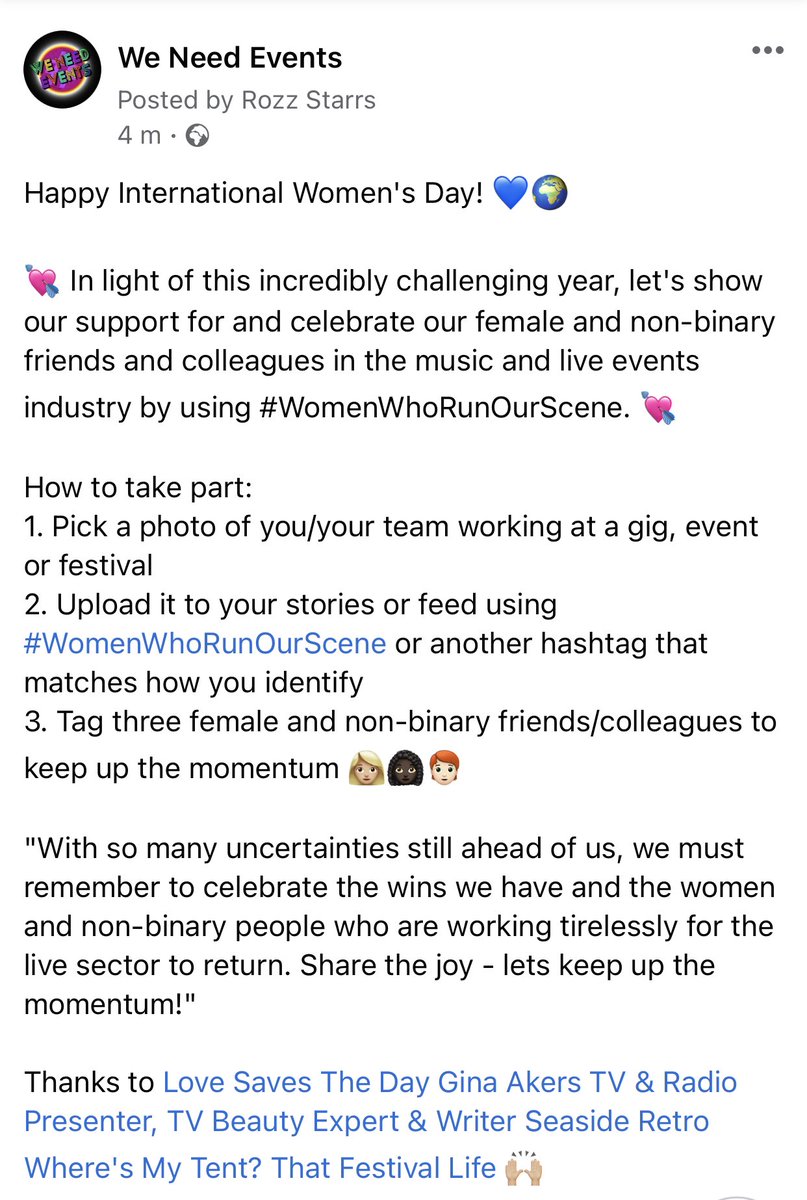 weneedevents's tweet photo. #InternationalWomensDay 
#WomenWhoRunOurScene💘
"With so many uncertainties still ahead of us, we must remember to celebrate the wins we have and the women and non-binary people who are working tirelessly for the live sector to return. Share the joy - lets keep up the momentum!" https://t.co/nXk4xrxCbC