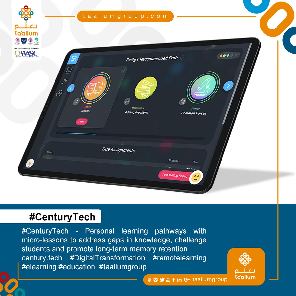 TaallumGroup's tweet image. #CenturyTech - Personal learning pathways with micro-lessons to address gaps in knowledge, challenge students and promote long-term memory retention.
#DigitalTransformation #remotelearning #elearning #education  #taallumgroup #AJA #almaha_academy_for_boys #AMAG