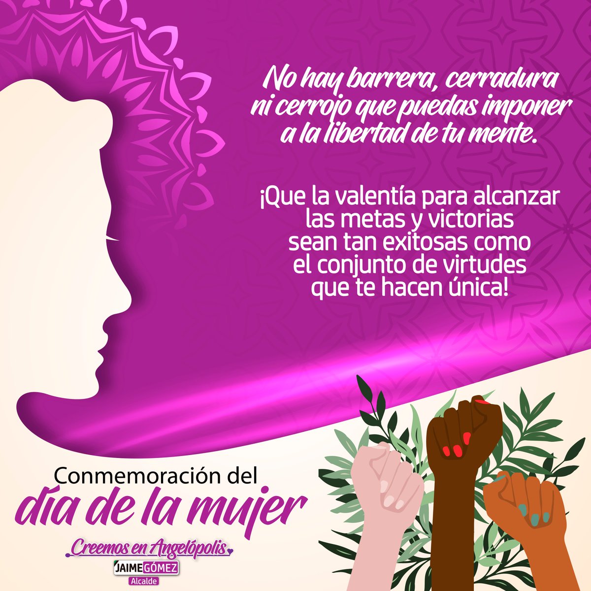 alcaangelopolis's tweet photo. #8Marzo 💜 | Hoy conmemoramos la lucha de la mujer por sus derechos en la sociedad y su desarrollo íntegro como ser humano. 💐👏

🌺 Que sea esta la oportunidad para reconocer sus virtudes y el gran aporte que hacen al mundo con su amor, talento y valentía. ¡GRACIAS! 😍 https://t.co/aHZZ3ZD5Yt