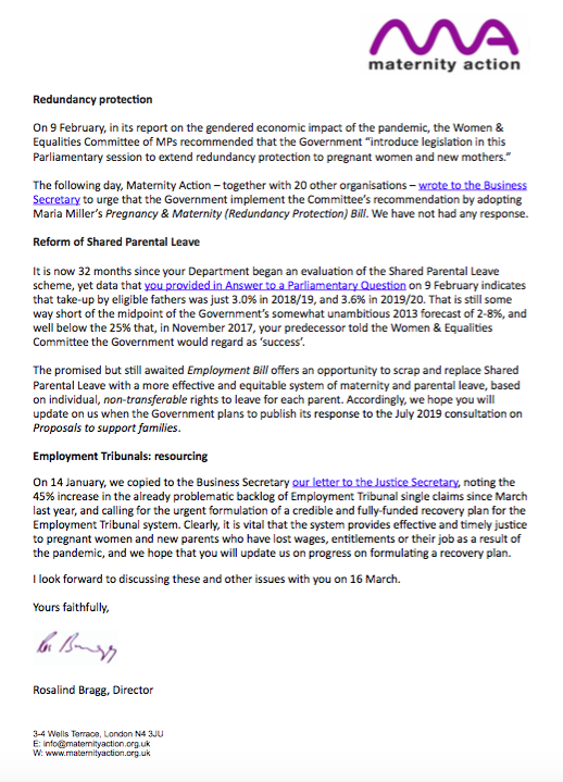 A full 12 months after the onset of the pandemic, a Government minister has - for the first time - offered to meet with us to discuss its impact and "how best the Government can respond". 

Our letter to <a href="/scullyp/">Paul Scully</a>, ahead of our meeting on 16 March ⬇️

maternityaction.org.uk/wp-content/upl…