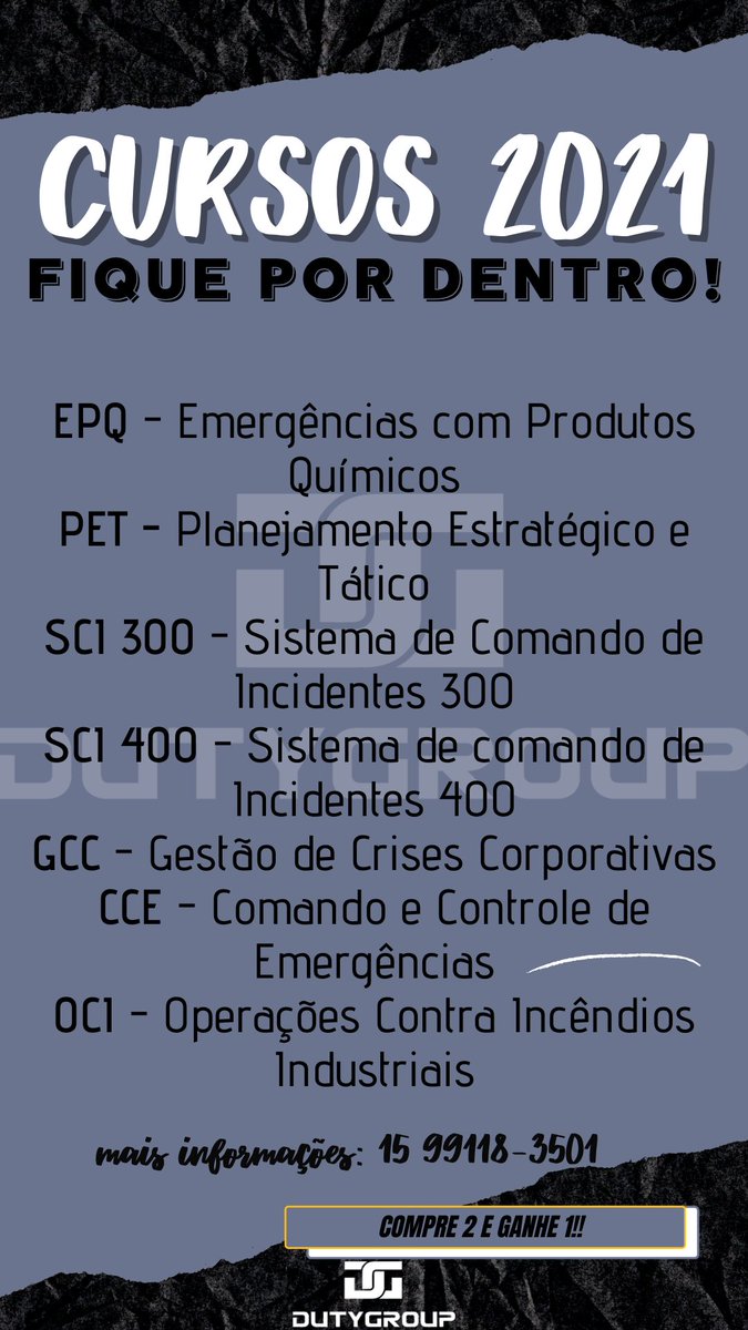 Duty_Group's tweet photo. Fique por dentro de todos os cursos planejados para 2021!
.
Entre em contato para maiores informações sobre cursos individuais e combos.

#dutygroup #dg #cursos https://t.co/gG0EMMlW25