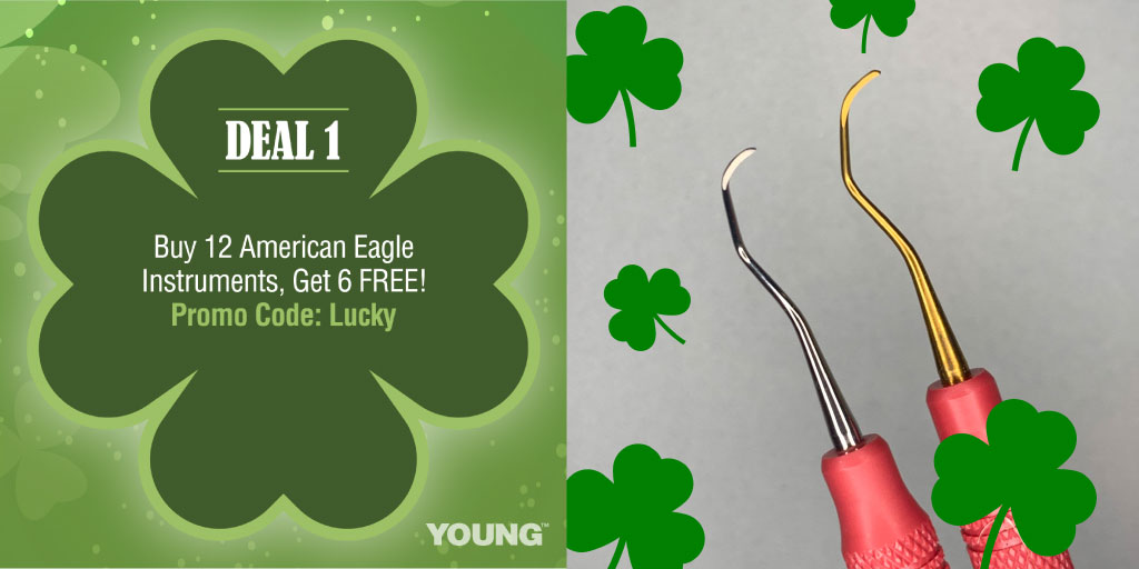It's Day 1 of our #7LuckyDentalDeals 🍀 Buy 12 American Eagle Instruments, Get 6 Free! @AmerEagleInst 
.
Must use promo code LUCKY to redeem. Offer(s) valid in the USA only 3/8/21 - 3/16/21. 
.
Applies to XP Sharpen-Free and Stainless Steel instruments. Quik-Tips not included.