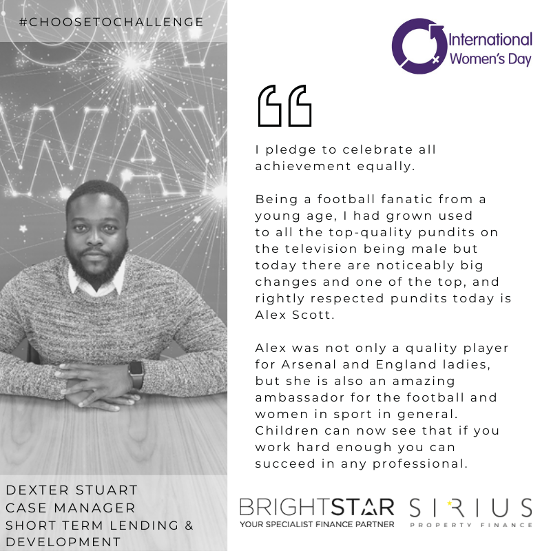 Dexter Stuart  at @BrightstarHUB pledges to celebrate all achievements equally. 
#ChooseToChallenge. #IWD2021, #Womeninfinance