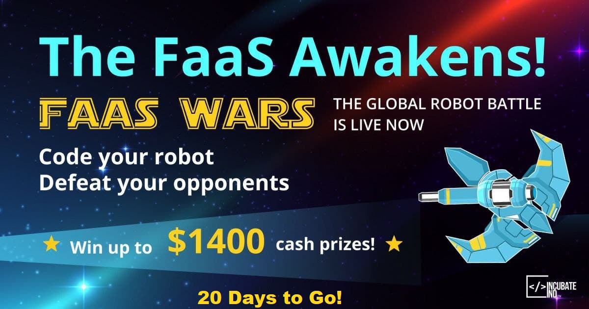 IncubateIND's tweet photo. 20 Days to Go!
@nimbella & members of the OpenWhisk Community present #FaaSWars where you'll code your fighter & compete to win. #serverless.
Register today to learn, play, and win up to $1400
Link: https://t.co/nlRPeZ5HMg
#Technology #Coders #Developers https://t.co/cnCyCx36NH