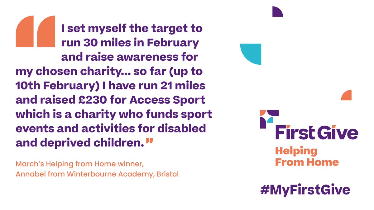 FirstGiveUK's tweet photo. 📢And our second winner is... Annabel from @WinterbourneAc1 🥳 Annabel has been running consistently to raise awareness and funds for her chosen charity, @AccessSport! We love that she chose to do social action that completely matches her cause. #MyFirstGive #HelpingfromHome https://t.co/fjry7d4eTe