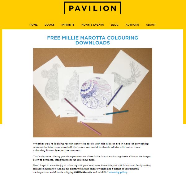 The_Big_Draw's tweet photo. Ending the first Monday back at school with something creative, calming and not too demanding. Thank you to @PavilionKidsBks for these free colouring pages by The Big Draw patron, Millie Marotta :)

https://t.co/cwUZvwHD7A

#milliemarotta #pavilionbooks #colouring #colourmein https://t.co/4U520QG8LN