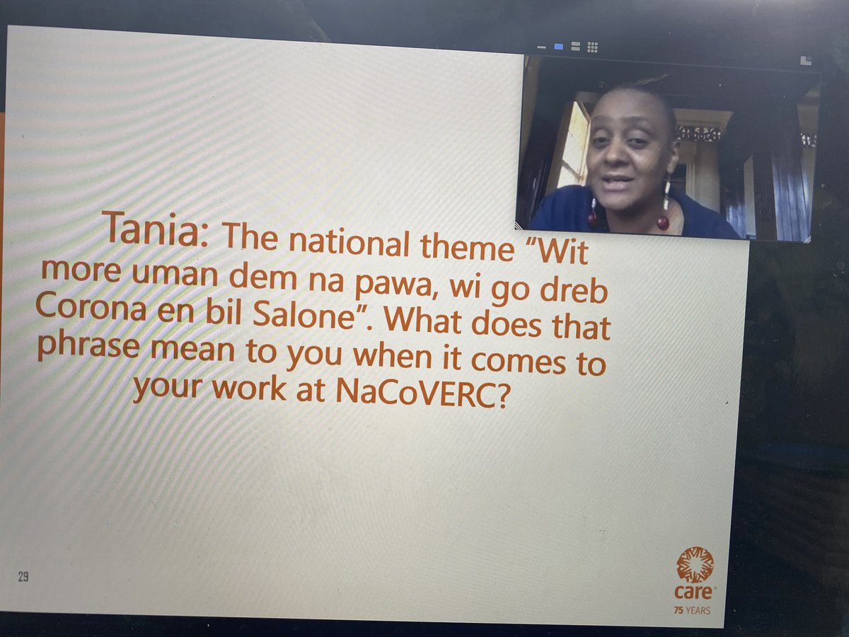 “You need to have women at every level but they need respect, and resources” - says <a href="/SheriffTania/">Tania Fraser</a> at today’s <a href="/care_leone/">CARE Sierra Leone</a> webinar “With Women in Power we can stop #COVID19  and build #sierraleone #IWD2021